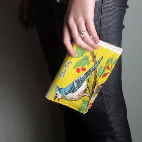 Upcycled Bird Clutch, Vintage Calendar Towel, Eco friendly Pouch
