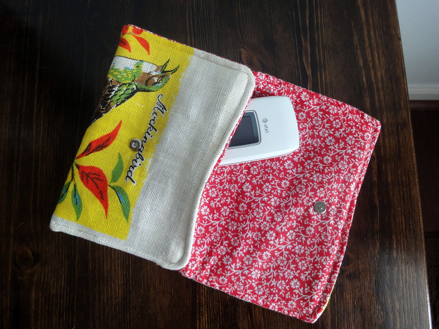 Upcycled Bird Clutch, Vintage Calendar Towel, Eco friendly Pouch