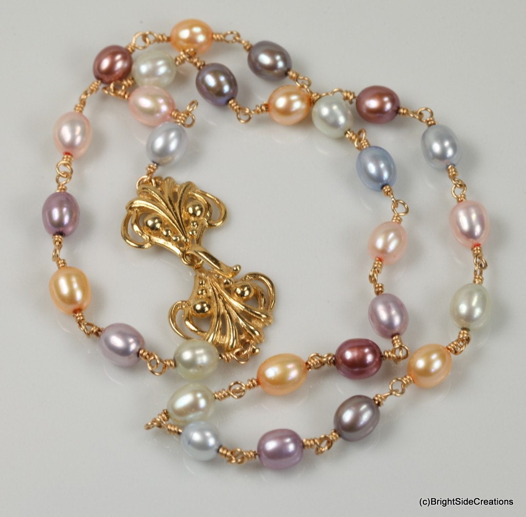 Art Nouveau Style Asymetrical Freshwater Pearl Necklace with Gold Filled Vermeil Clasp