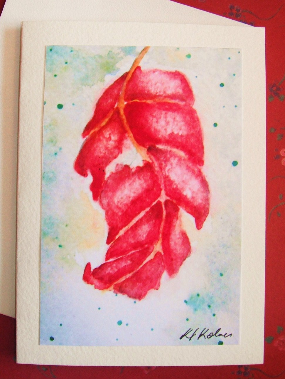 GREETING CARD Red Autumn Leaf Green Abstract