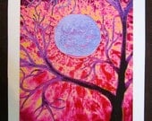 GREETING CARD Exploding Sky Bright Abstract Tree and Moon
