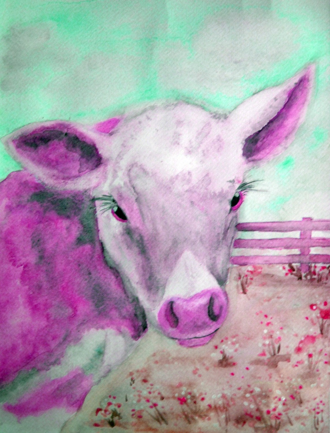 ACEO Pink Cow Limited Edition Print  Springtime Calf Farm by Karen J. Kolnes
