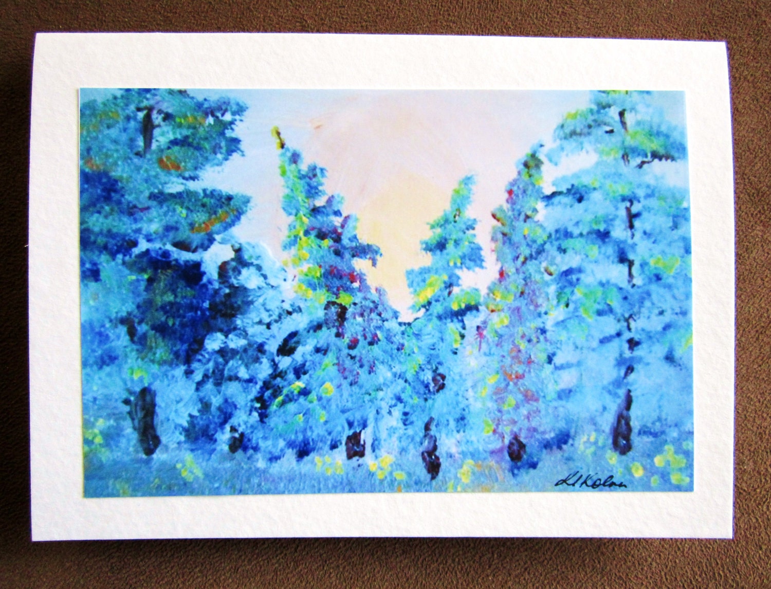 Blue Yellow  Trees Landscape Abstract  GREETING CARD Mystic Blue