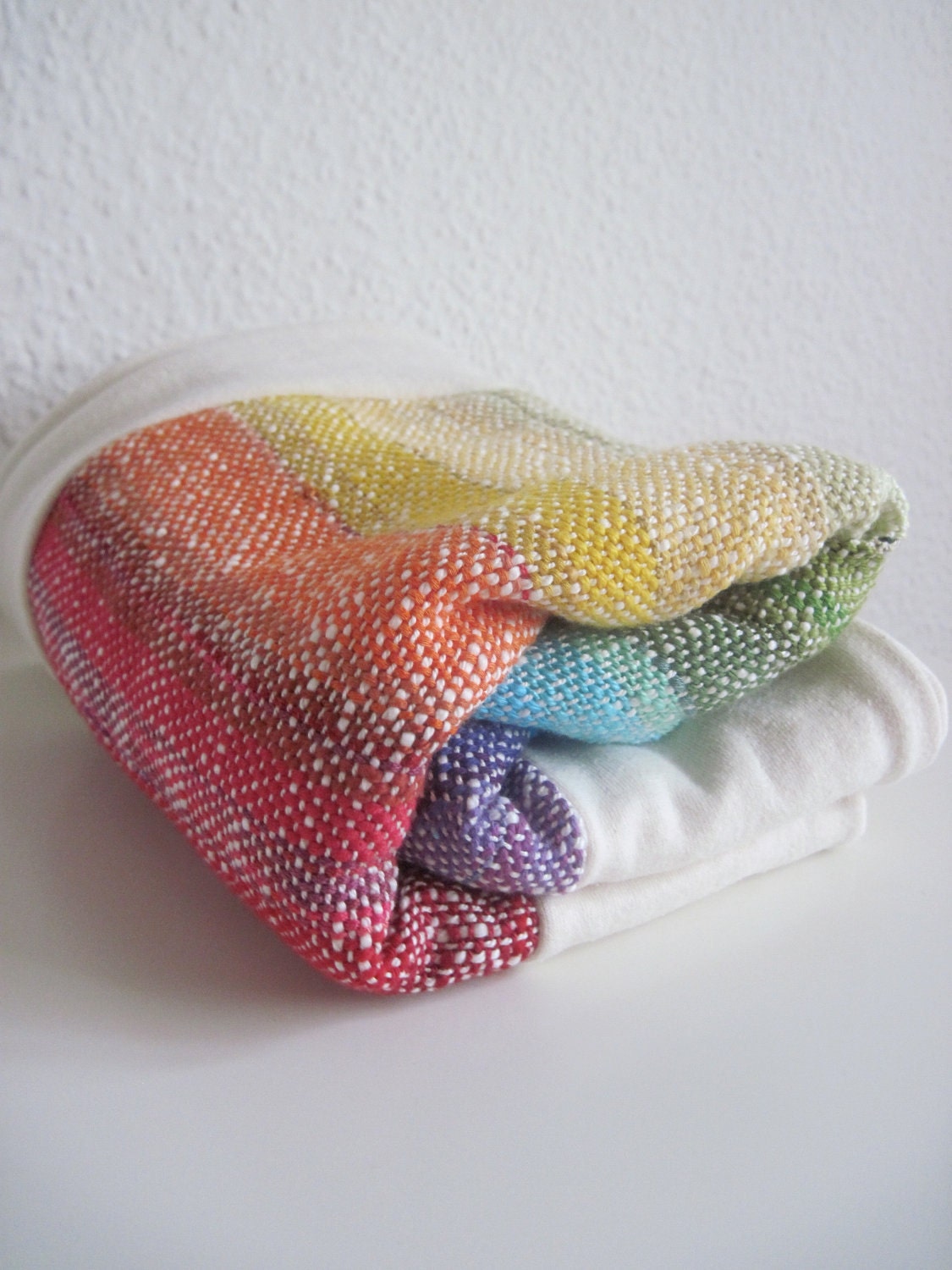 Organic Baby Blanket handwoven Rainbow- bordered and backed with Organic Cotton/ Hemp, Last one available until Summer 2013