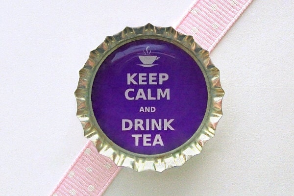 Purple Keep Calm and Drink Tea Bottle Cap Magnet - tea party decoration, keep calm and carry on magnet, fridge magnet tea cup purple kitchen