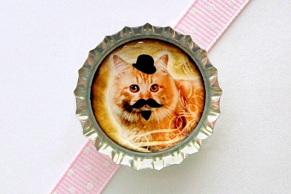Mustache Cat Bottle Cap Magnet - funny cat mustache, geek gifts, moustache cat magnets, hipster mustache, cat top hat, cute cat with beard
