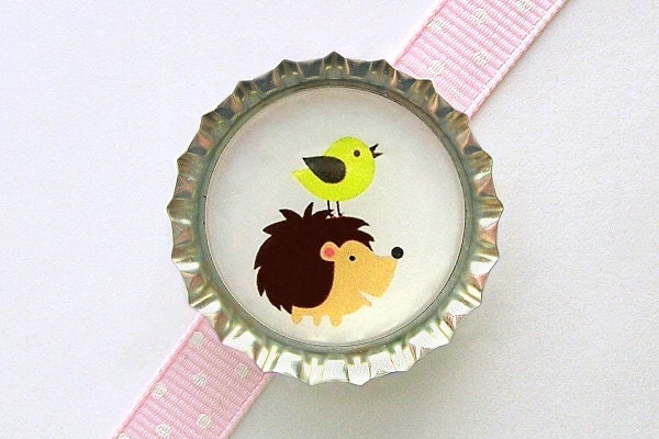 Hedgehog & Bird Bottle Cap Magnet - woodland animals baby shower favor, nature lover gift, for nature lover, woodland party favor, for mom
