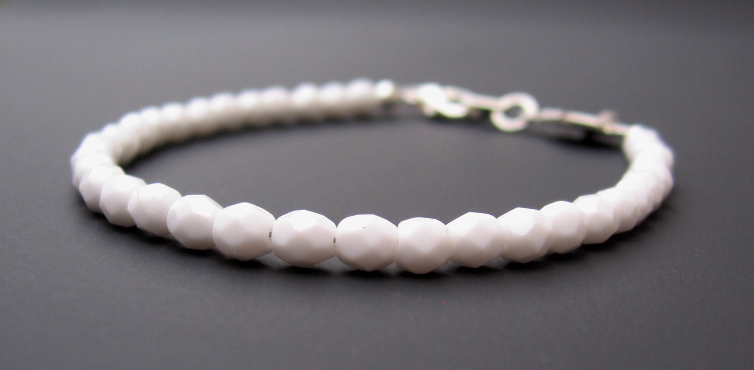 Energy Bracelet - Chalk White Czech Fire Polished Glass & Silver Hamsa Hand with Swarovski Crystal - by We Are 1