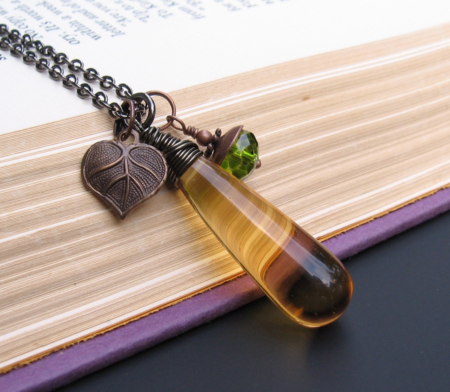 Smooth Golden Quartz Drop, Hand Wire-Wrapped, Apple Green Crystal, Vintaj Brass Leaf, Gunmetal Chain - NECKLACE