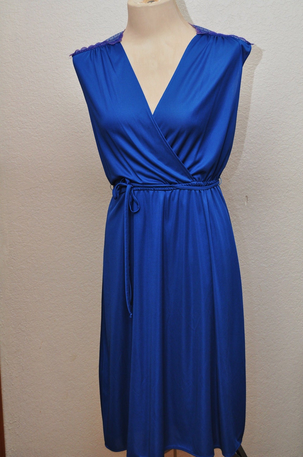 Vintage Ladies Dress in Electric Blue Disco Style Wrap Bodice Lace Back