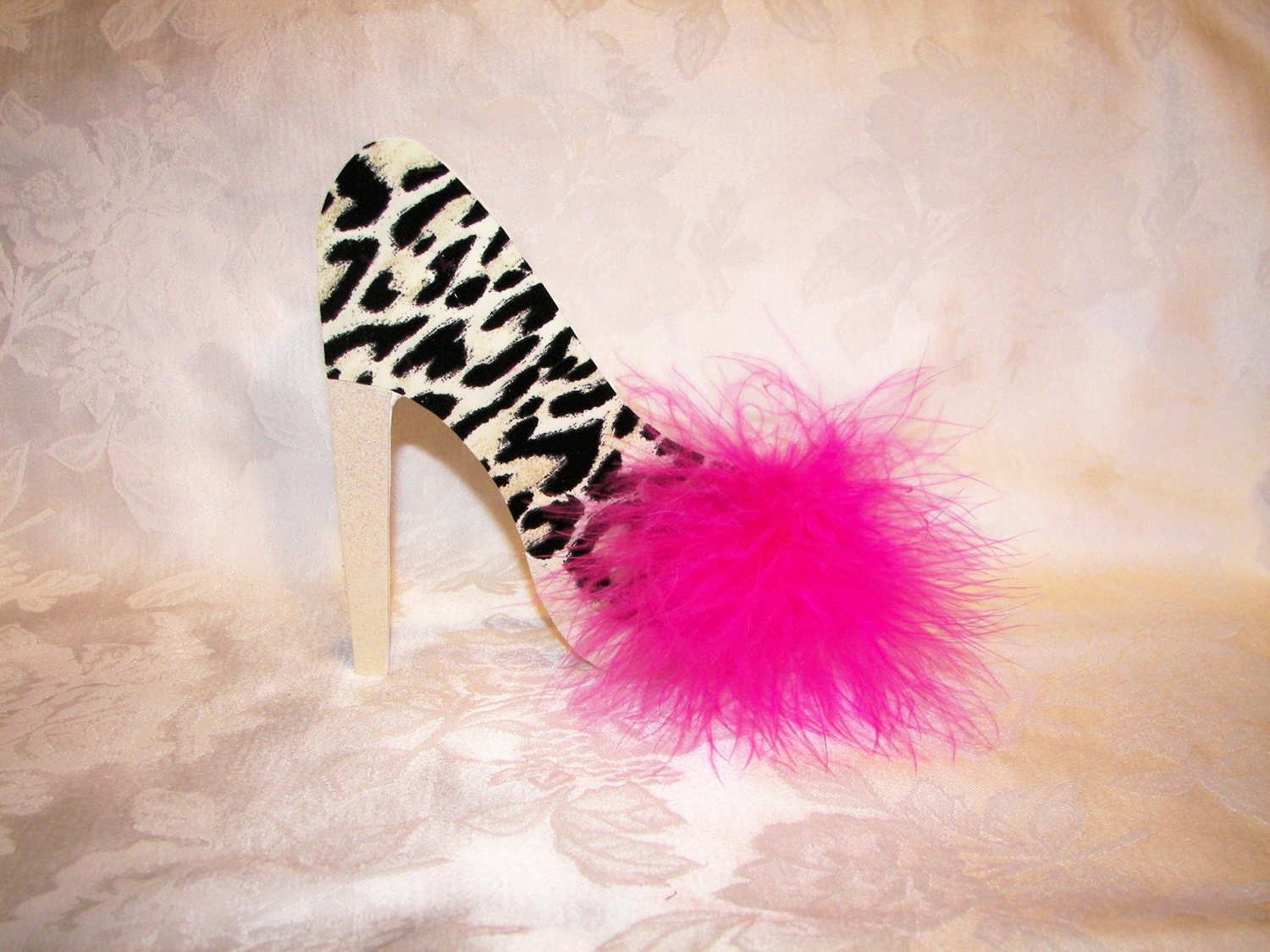 Flocked Leopard Print High Heel Shoe Card with Pink Boa Accent