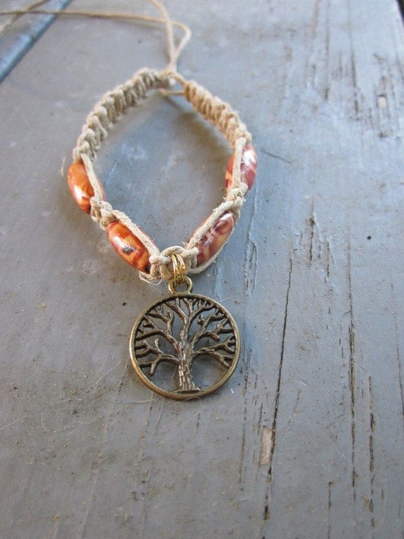 Antiqued Tree of Life Hemp Bracelet with Wooden Beads