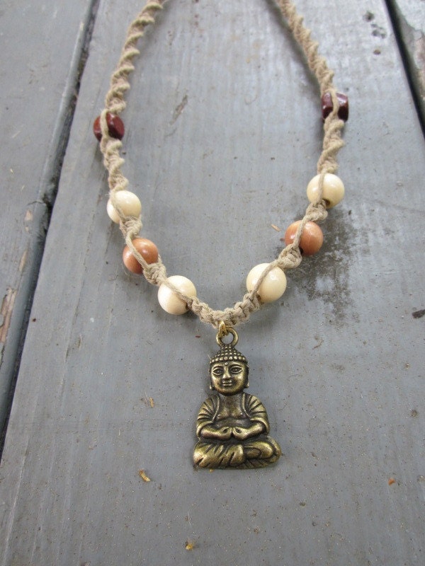 LAST ONE - Bronze Buddha Hemp Necklace with Wooden Beads