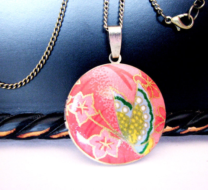 Locket Necklace Blue Butterfly on Red Berry 32mm" Round 24" Bronze
