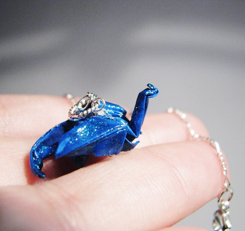 Origami Dragon Necklace - Dark Blue Glittering Dragon on Sterling Silver chain