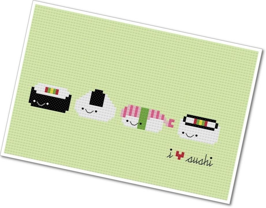 Kawaii "I Heart Sushi" - PDF Cross Stitch Pattern - INSTANT DOWNLOAD