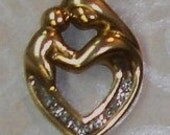 Vintage 10K Yellow Gold Motherhood Mother and Child Heart Bracelet Charm or Necklace Pendant with Diamonds