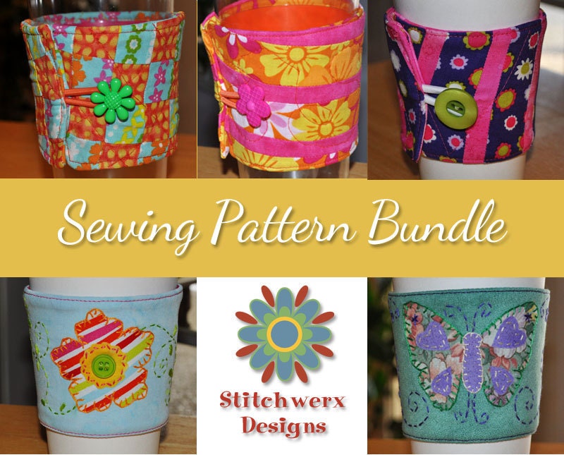 Coffee Cup Cozy Sleeve Sewing Pattern Bundle - 5 Cozy Designs Only 7.50