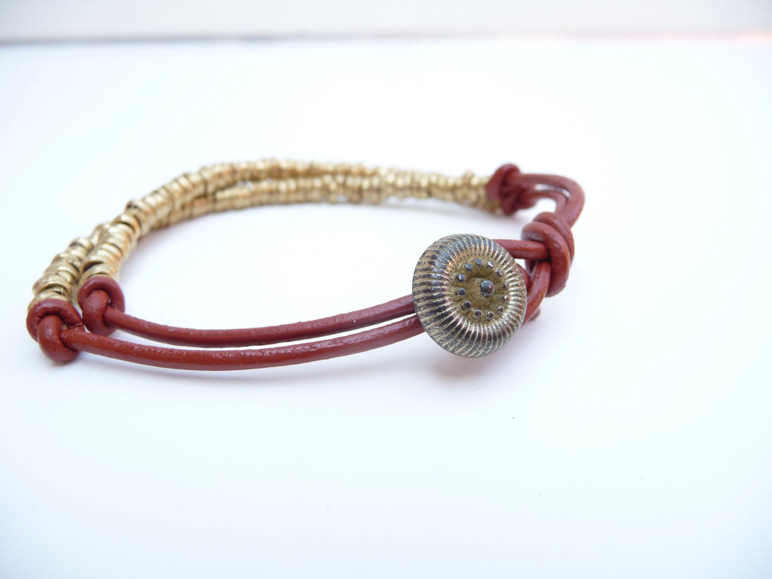 Ethiopian Trade beads with Leather Cord Bracelet and Vintage Button