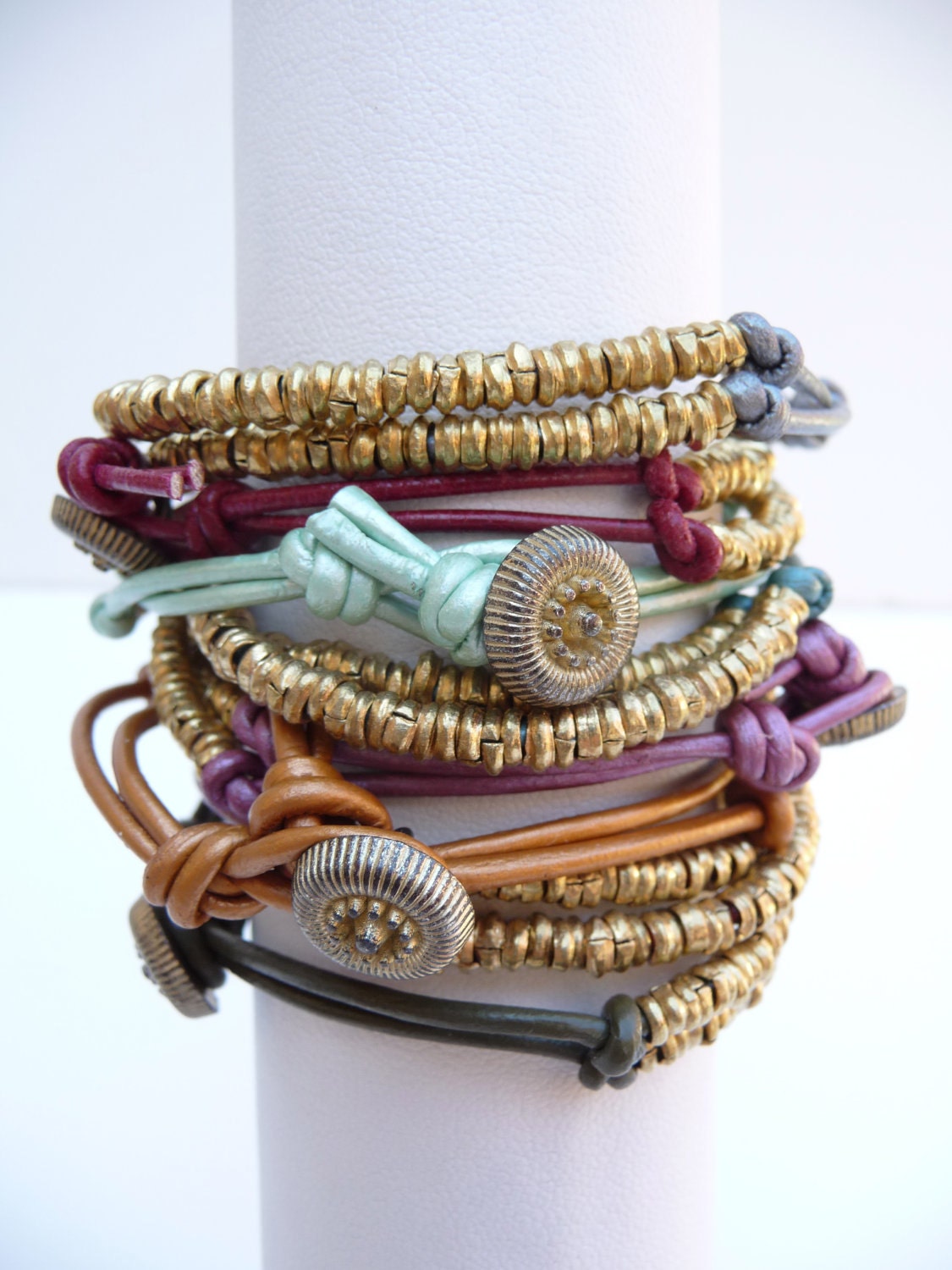 Ethiopian Trade beads with Leather Cord Bracelet and Vintage Button