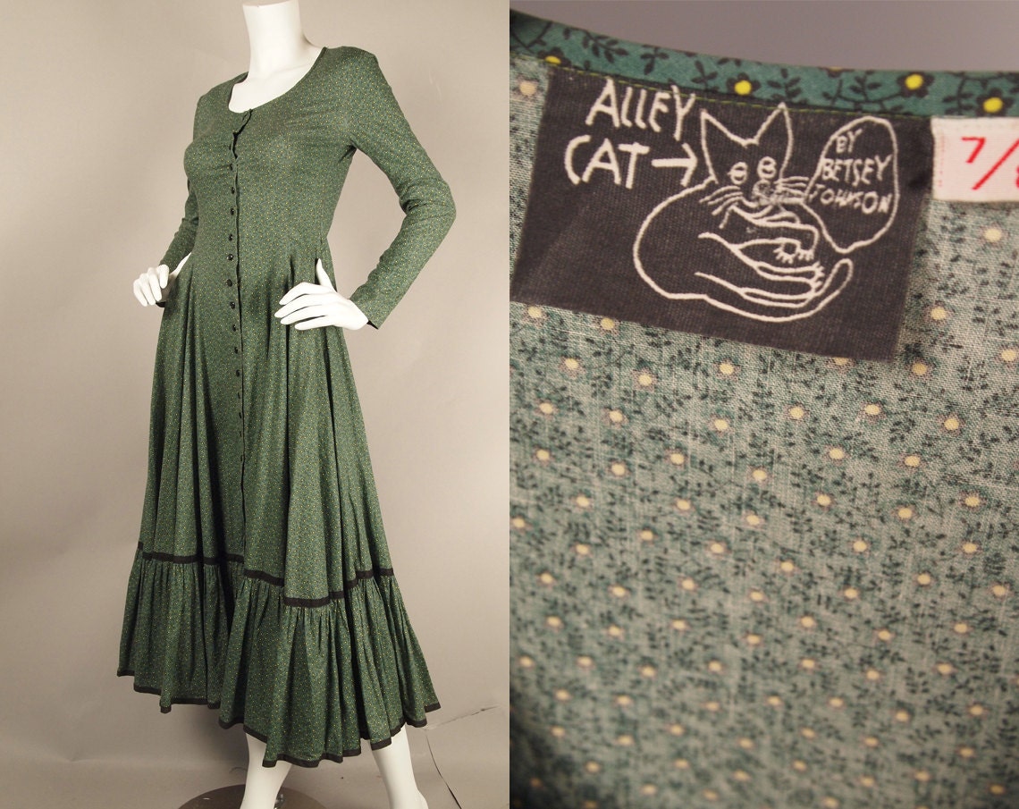 Vintage 70s Alley Cat Betsey Johnson Prairie Dress Green Floral Velvet Trim XS S