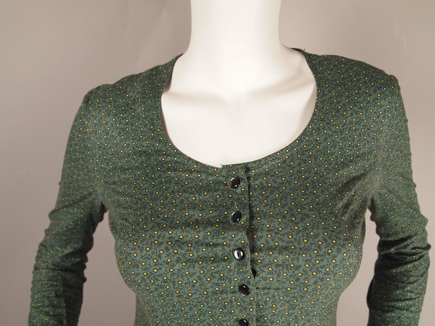 Vintage 70s Alley Cat Betsey Johnson Prairie Dress Green Floral Velvet Trim XS S
