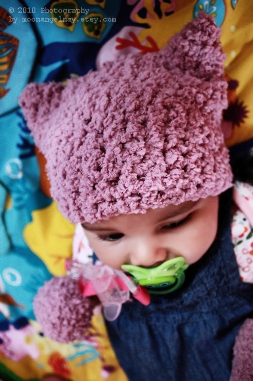SALE Preemie Newborn Baby Kitten Baby Beanie - Crochet Girl Newborn Plum Hat Baby Animal Hat Preemie Baby Shower Gift Baby Photo Prop