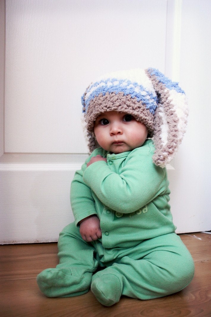 SALE 3 to 6m Bunny Hat Boy Baby Hat Stripe Beanie Crochet Infant Baby Hat Brown Blue Cream Flopsy Rabbit Hat Animal Boy Bunny Hat