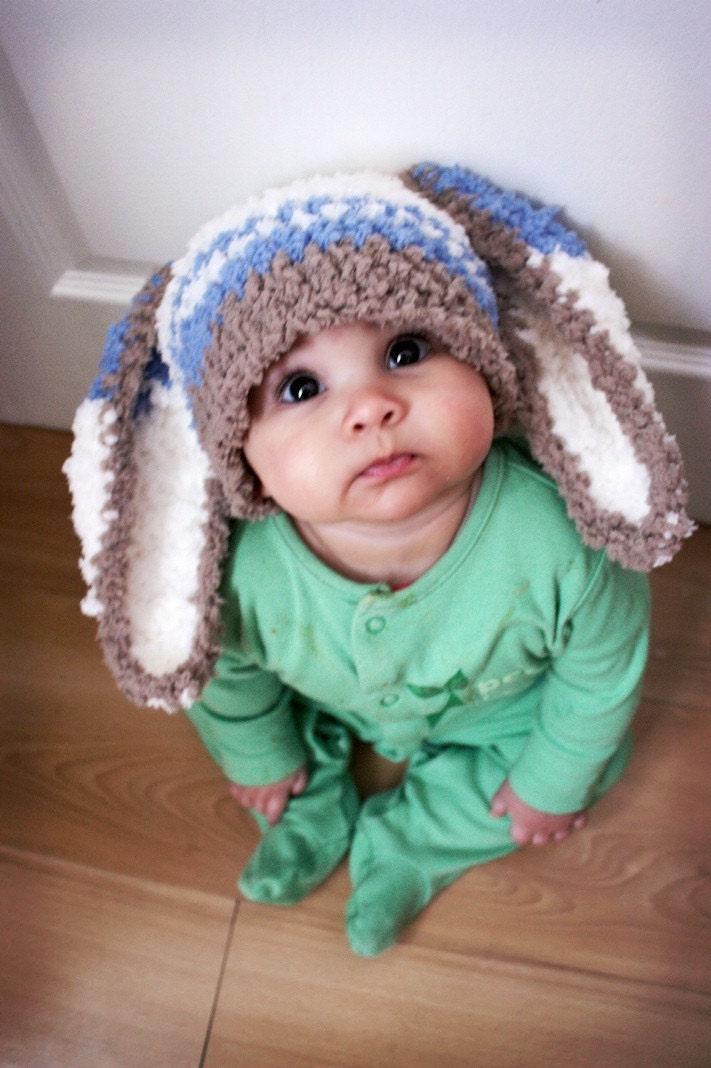 SALE 5T to Preteen Bunny Beanie Stripe Hat - Crochet Childs Hat Brown Lagoon Blue Cream Boy Kids Bunny Hat Kids Photo Prop