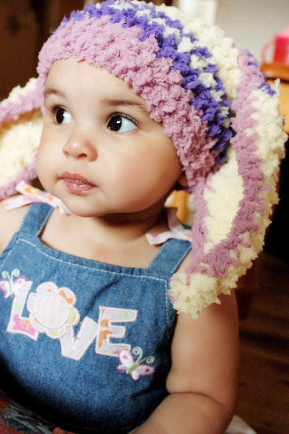 SALE 12 to 24m Baby Bunny Hat Stripe Beanie Crochet Baby Hat - Baby Plum Purple Yellow Hat Rabbit Toddler Beanie Girl Photo Prop
