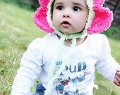 SALE 6 to 12m Spring Daisy Petal Flower Hat Baby Bonnet - Crochet Baby Hat Lime Green Hot Pink Baby Girl Flower Bonnet Baby Photo Prop