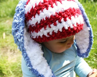 SALE 6 to 12m 4th of July Baby Baby Bunny Hat Patriotic Stars and Stripes Crochet Bunny Ear Baby Hat Red White Blue USA Flag Hat