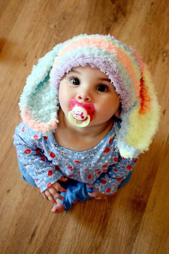 SALE 6 to 12m Baby Bunny Hat Baby Beanie - Crochet Bunny Baby Hat in Rainbow Spray Flopsy Rabbit Hat For Girls Photo Prop