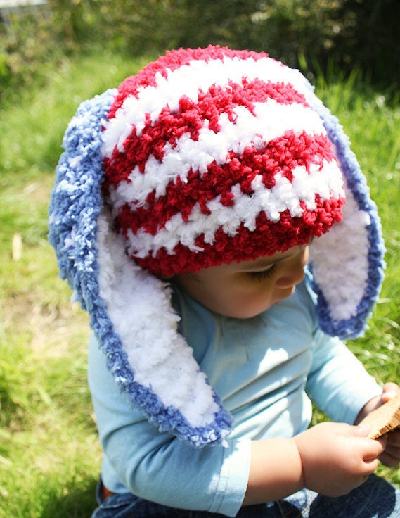 SALE 0 to 3m Newborn 4th of July Baby Bunny Hat - Baby Shower Gift Crochet Baby Hat Bunny Ears Red White Blue Star American Flag Hat