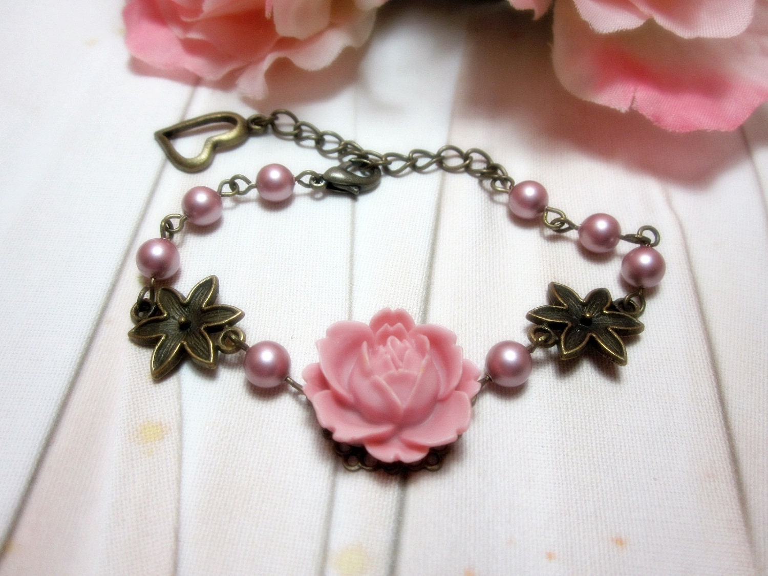 Pink Rose with swarovski pearls Bracelet. Gift for her. Birthday, Christmas.  Bridal Jewelry. Bridesmaid Gift