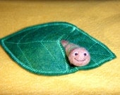 My Friend Worm - Needle Felted Worm and Wool Felt Leaf Pouch