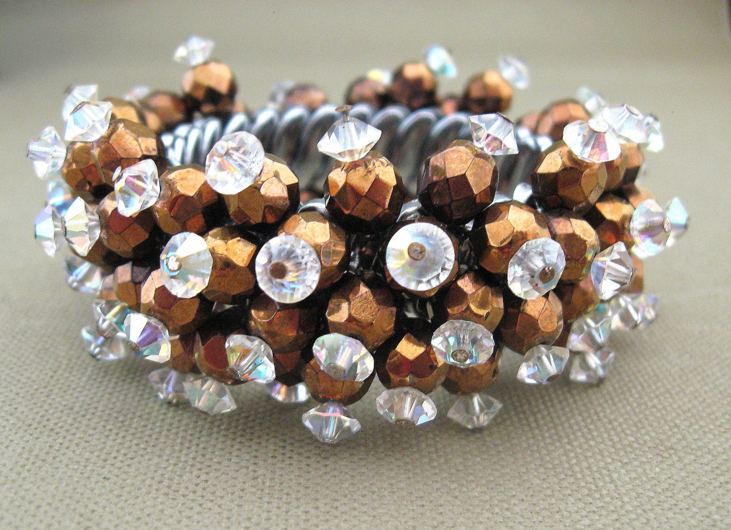 Bronze Crystal Cuff Beaded Expansion Bracelet