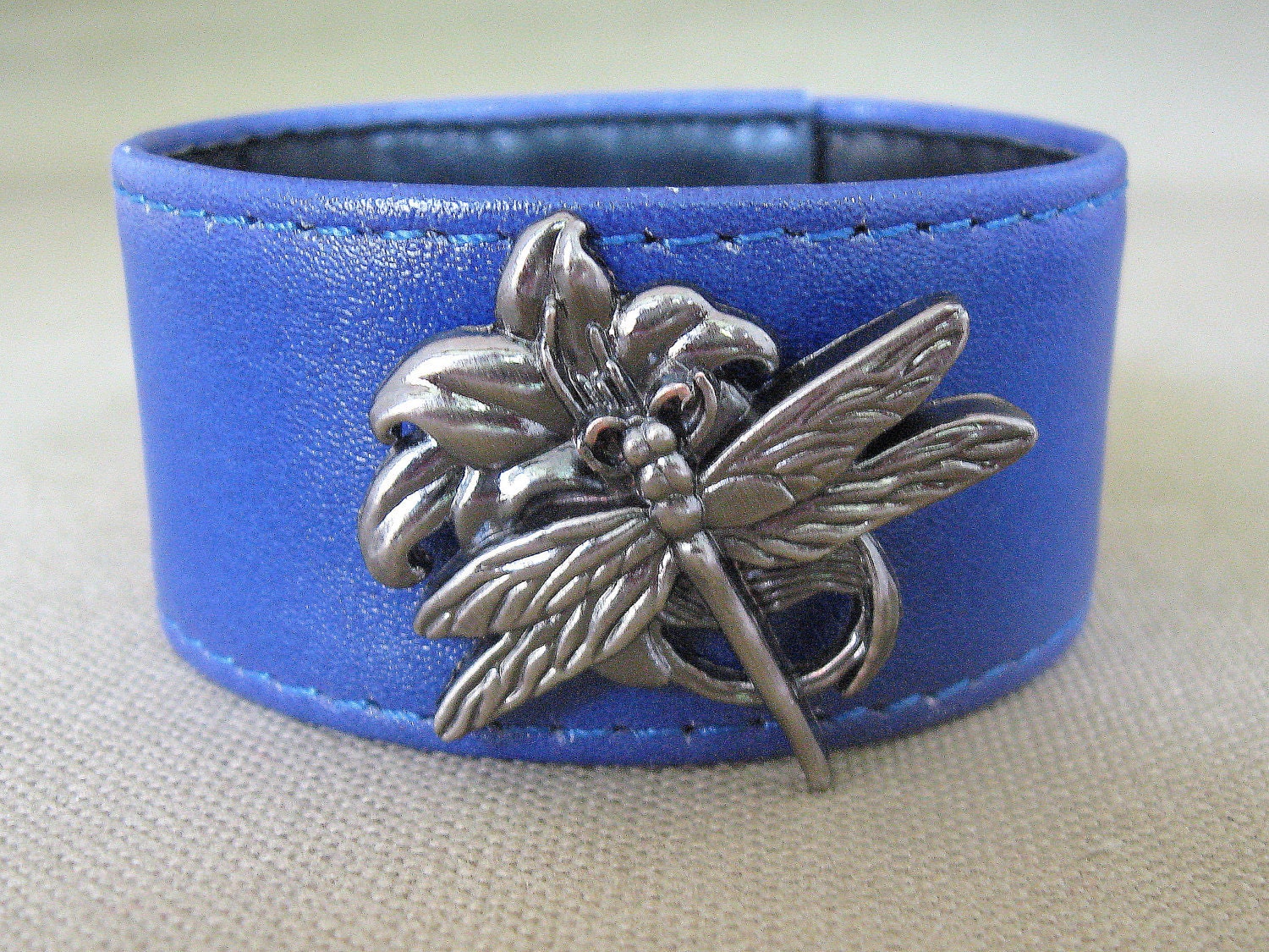 Blue Leather Dragonfly Cuff Bracelet
