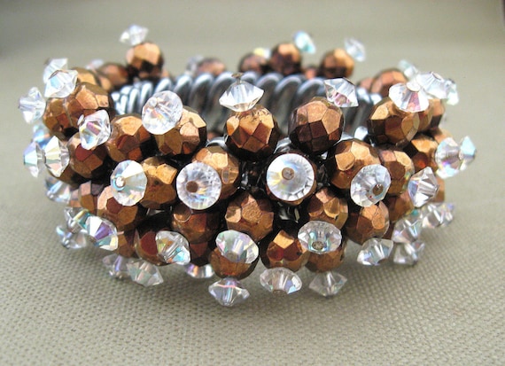 Bronze Crystal Cuff Beaded Expansion Bracelet
