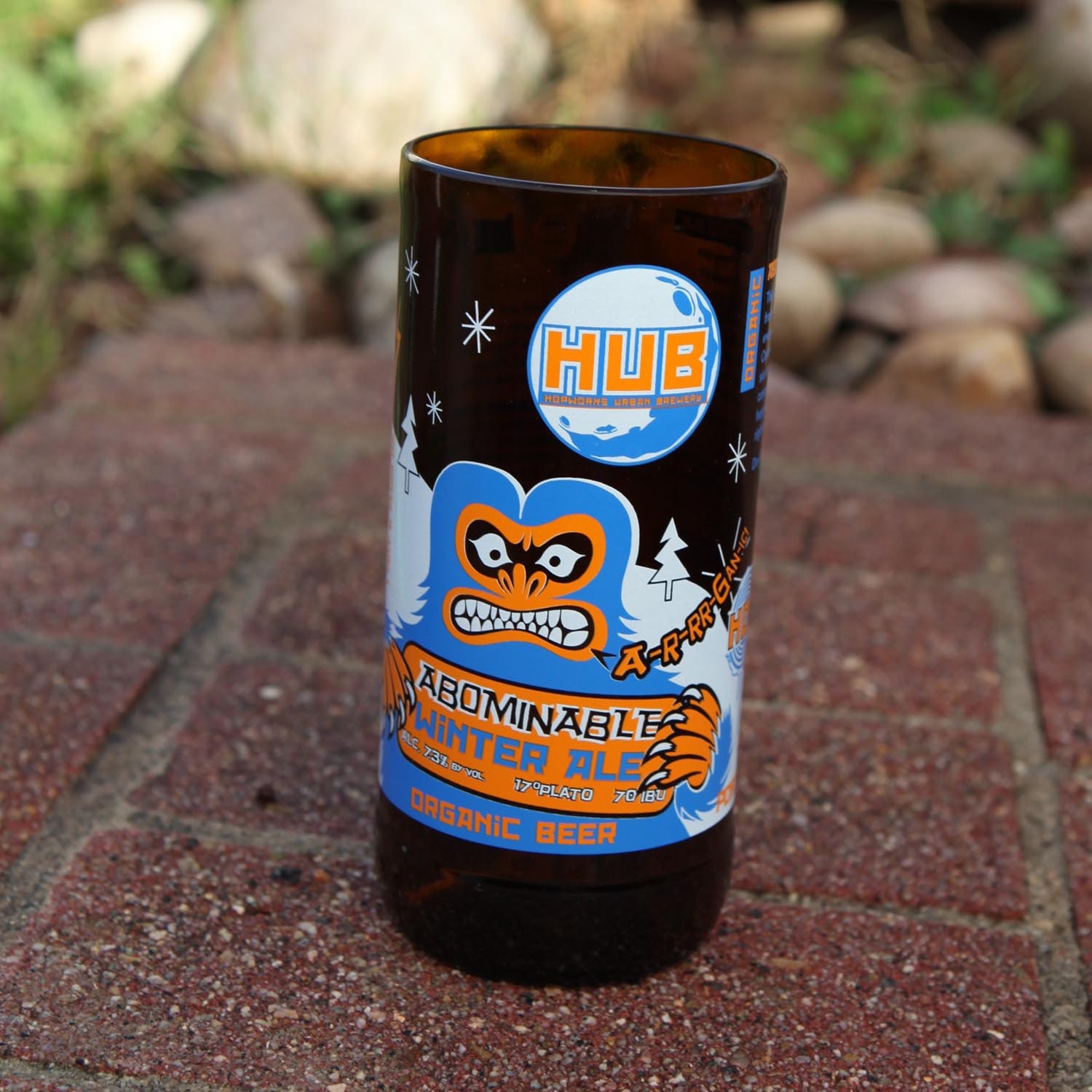 Pint Glass made from an upcycled beer bottle from Hopworks Urban Brewery Abominable Ale