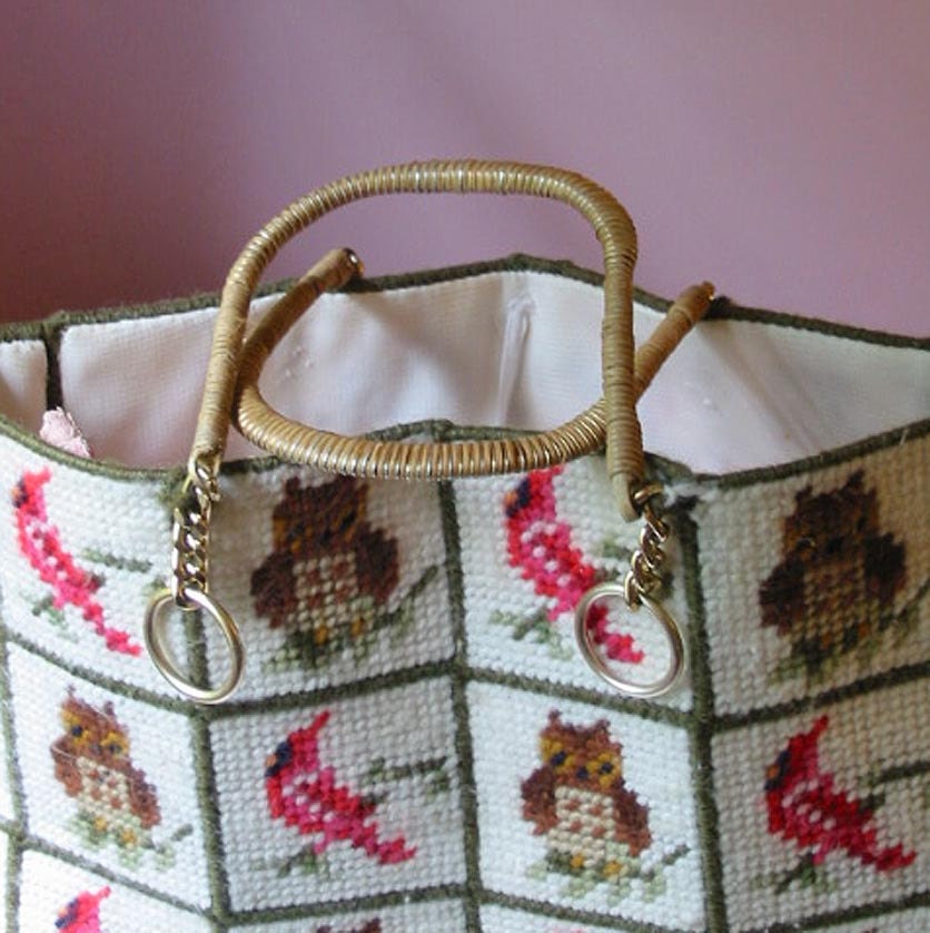 Brown Hoot OWL and Red CARDINAL PURSE 1970s Handmade Crewel Wool Embroidery, Rattan Handles, Perfect Knitting or Craft Tote Bag, Bird Lover