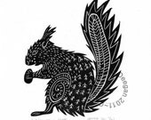 ORIGINAL lino print (Red Squirrel)