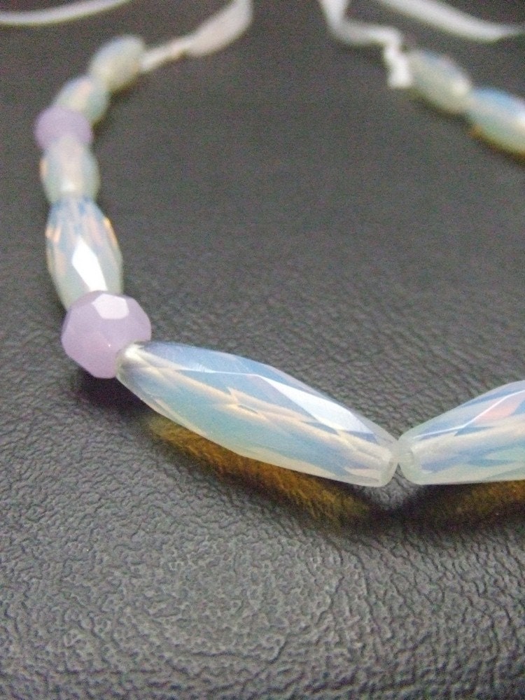 white opalite quartz crystal necklace barrel beads ribbon 29mm