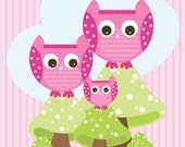 OWL Family Wall Print for Nursery,Owl Family on Mushrooms, 11X14, Other Sizes