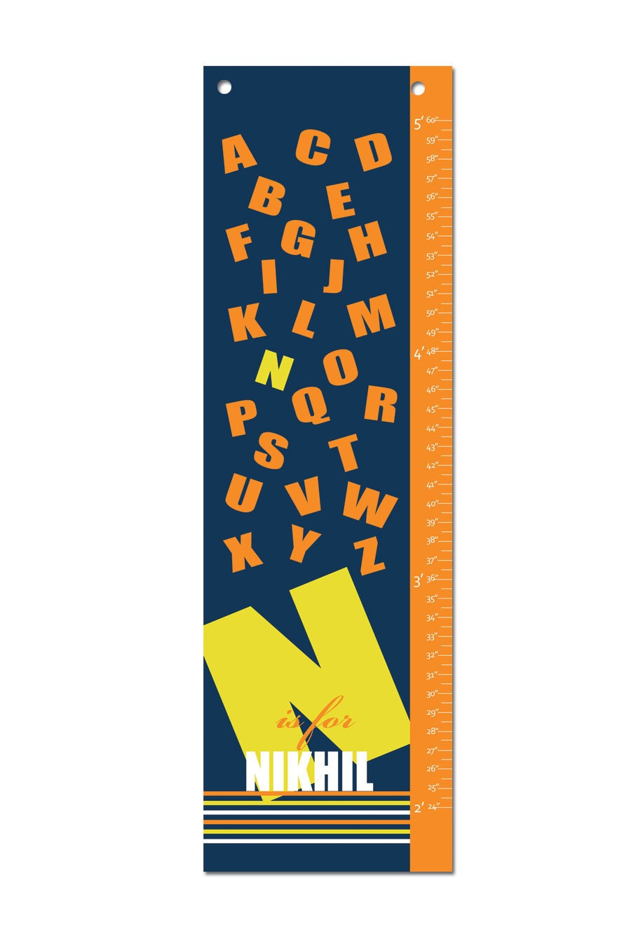 Modern canvas Growth Chart for Children- Bold Alphabets- 13" X42" Inches