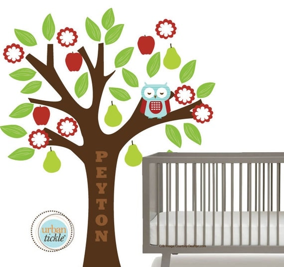 Tree Decal for Nursery or Playroom- Little Sleepy Owl and Fruit Tree- LARGE, 48X60 Inches, Nurery Artwork, Wall Stickers, Baby Gift
