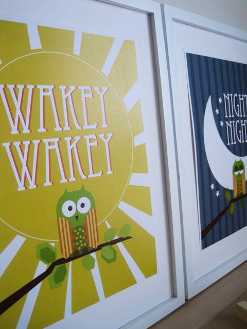 OWL Art for Kids Wall Print , Owl Art for Nursery - 8x10 Set of 2 - Night and Wakey