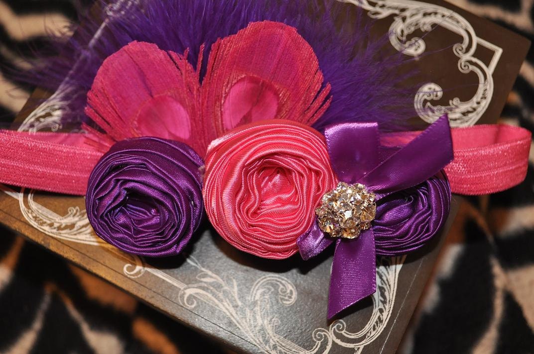 Lovin It couture vintage inspired fabric rosette headband for baby or little girl hot pink and purple