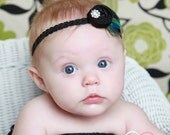 Tiny black peacock couture vintage inspired fabric rosette headband black with peacock eye feathers perfect photo prop
