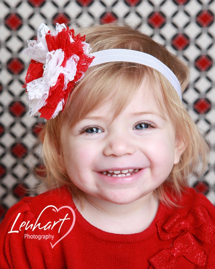 Just Blooming couture vintage inspired  red and white lace fabric flower bloom headband perfect photo prop